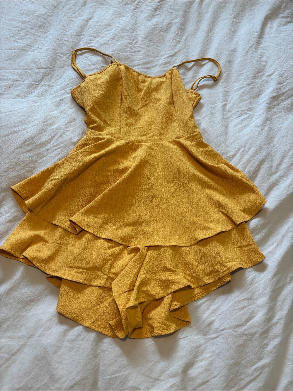SHEIN Mustard Yellow Ruffle Tiered Sleep Romper with Spaghetti Straps